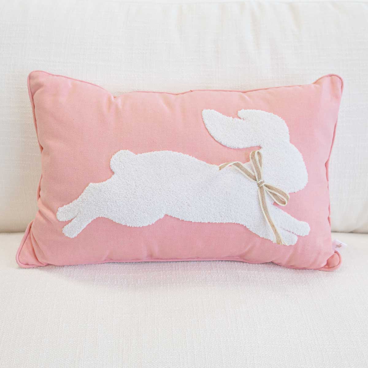 Leaping Bunny Embroidered Lumbar Pillow in Light Pink/White
