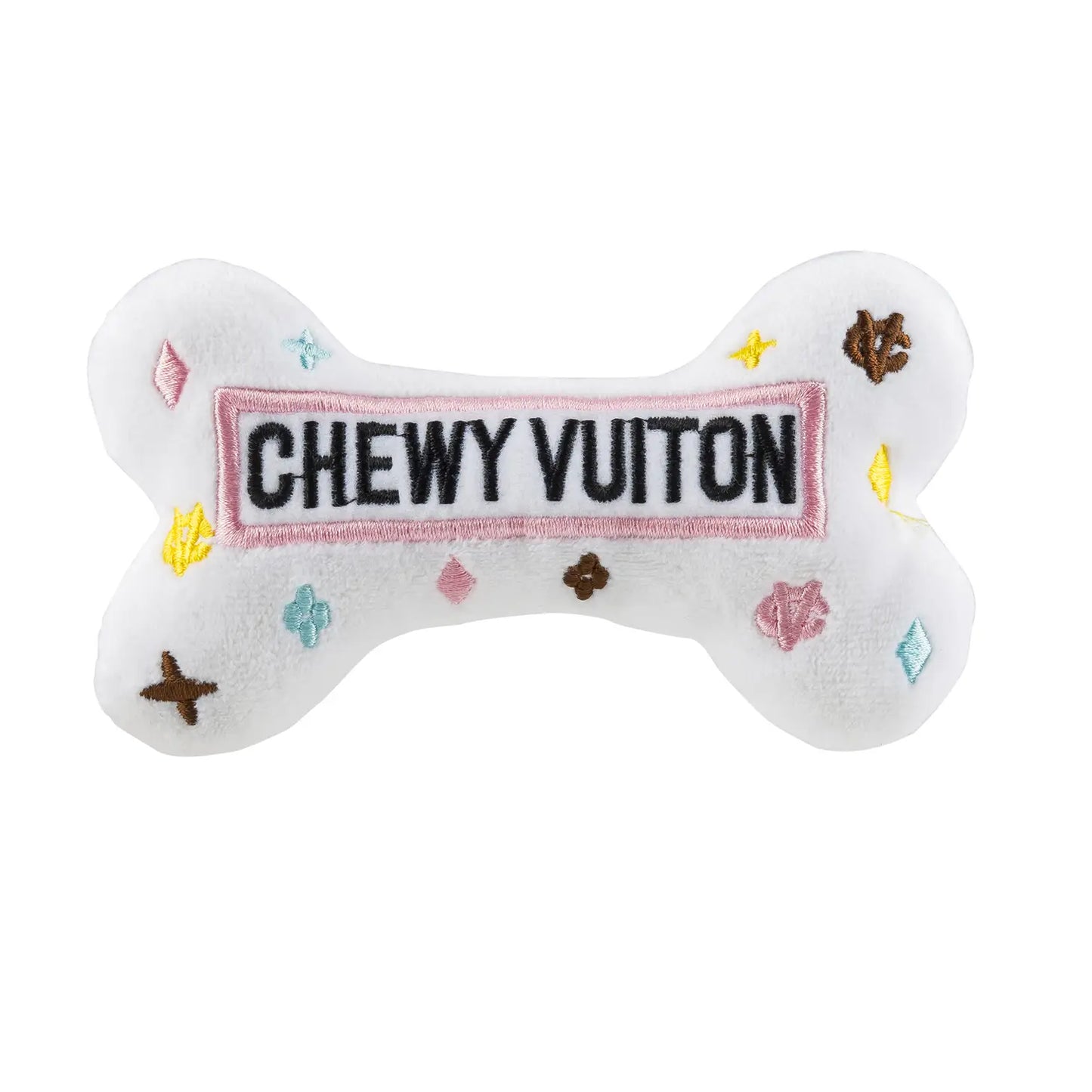White Chewy Vuiton Bones Squeaker Dog Toy