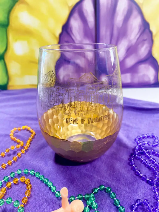 Krewe of Kwaranteen Stemless Wine Glass- Gold