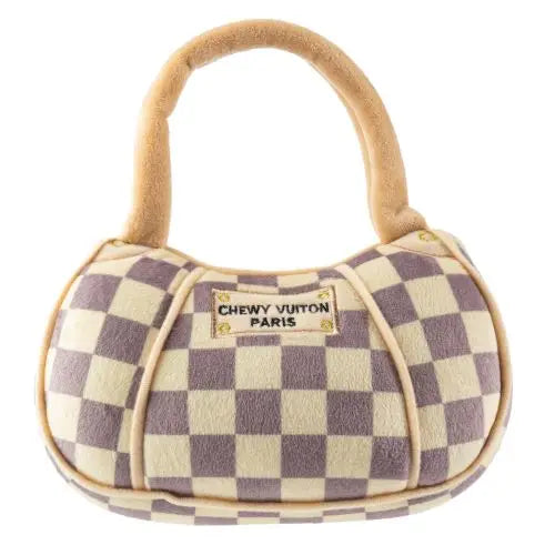 Checker Chewy Vuiton Handbag Squeaker Dog Toy